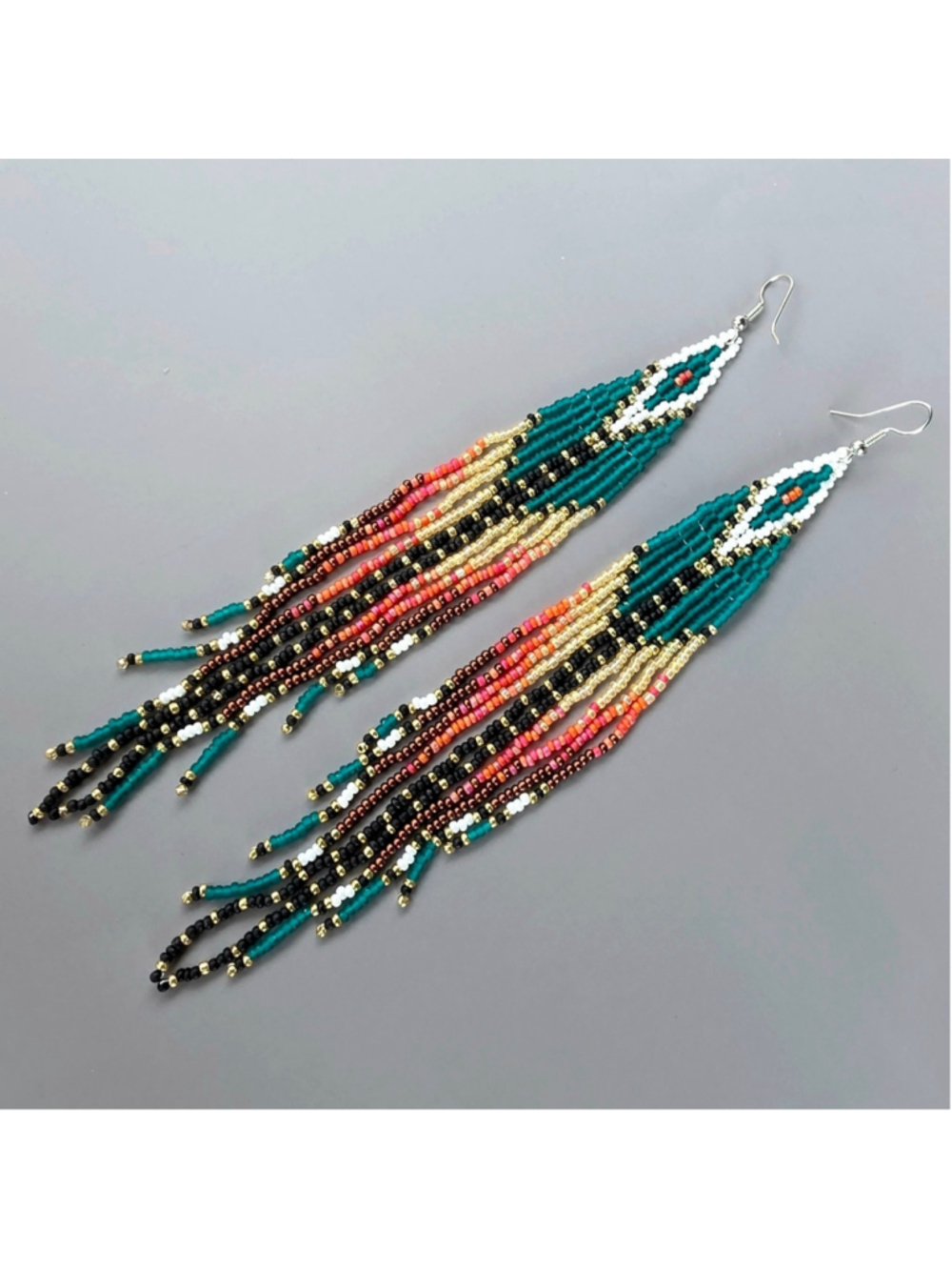 Retro Luxe Boho Fringe Seed Bead Long Earrings Southwestern Beaded Jewelry - Picture 6 of 6